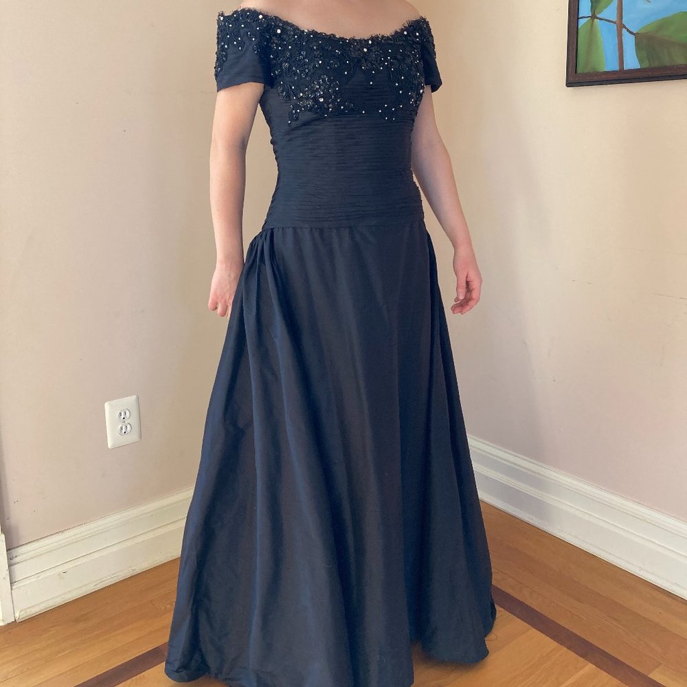 Black, Silk Dress with Silver, Beaded Embroidery by Vasarri - Picture 2 of 14